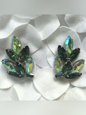 Vintage Juliana Style Green AB Crystal Navette Leaf Clip-On Earrings